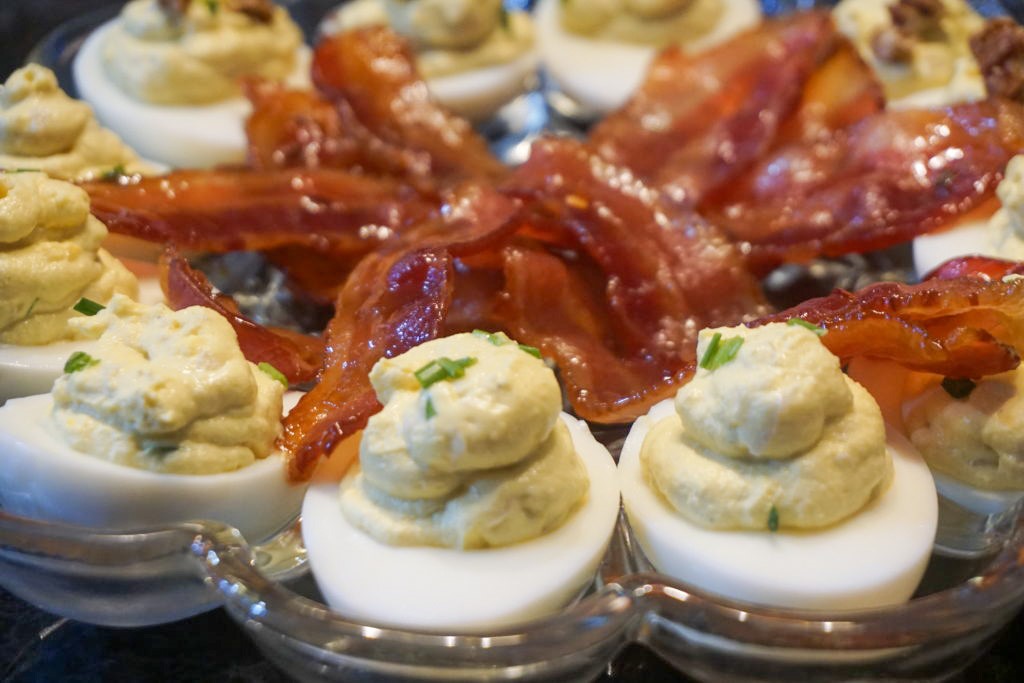 deviled eggs with candied bacon