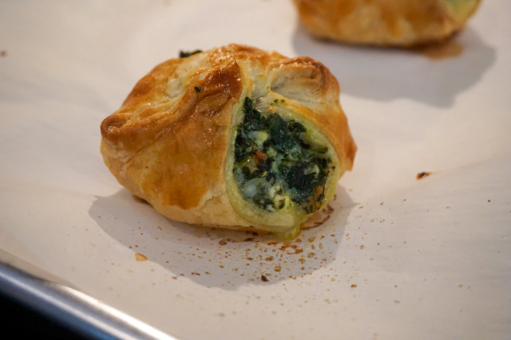 close-up of the baked spinach puffs 
