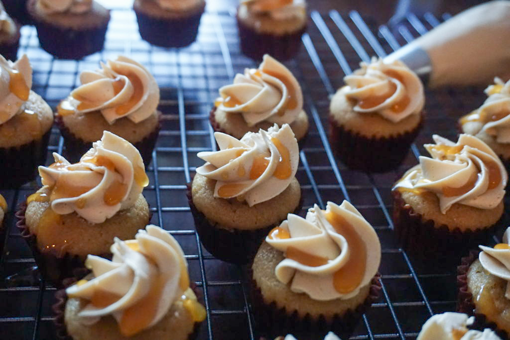 Caramel frappuccino cupcakes with caramel drizzle on top