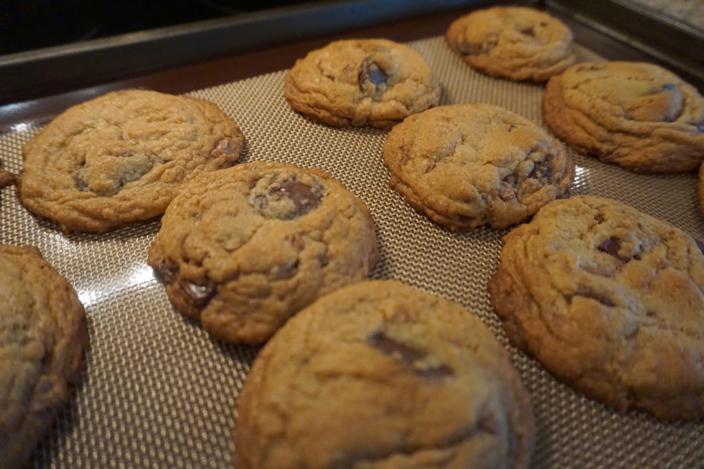 Baked brown butter chocolate chip cookies right out of the oven 