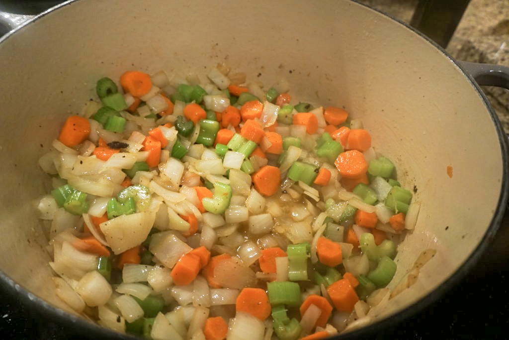 Cooking the onions, celery, and carrots