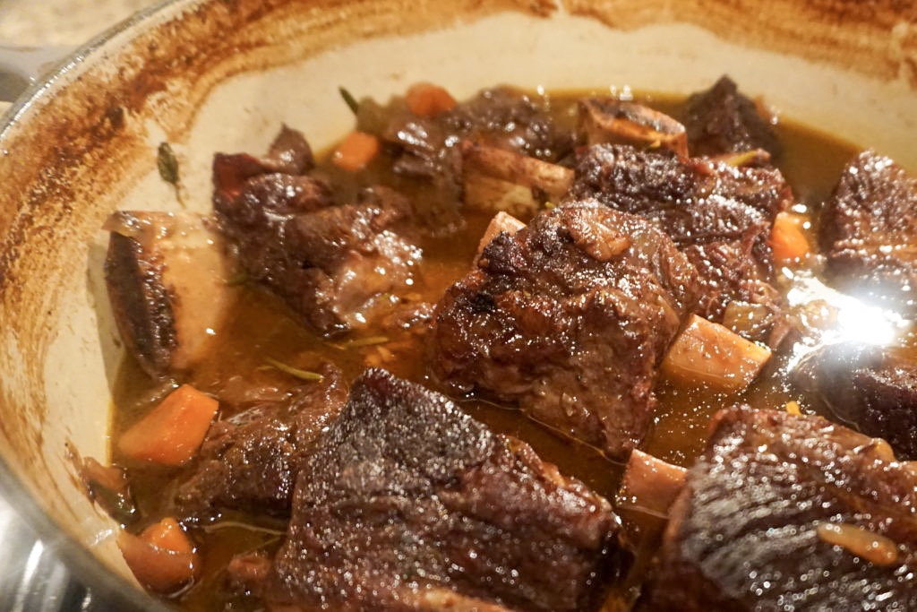 Close up of the braised short ribs fresh out the oven