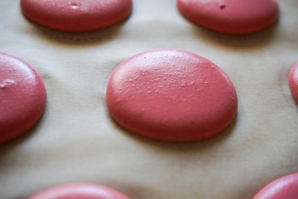 Close-up of an unbaked macaron shell