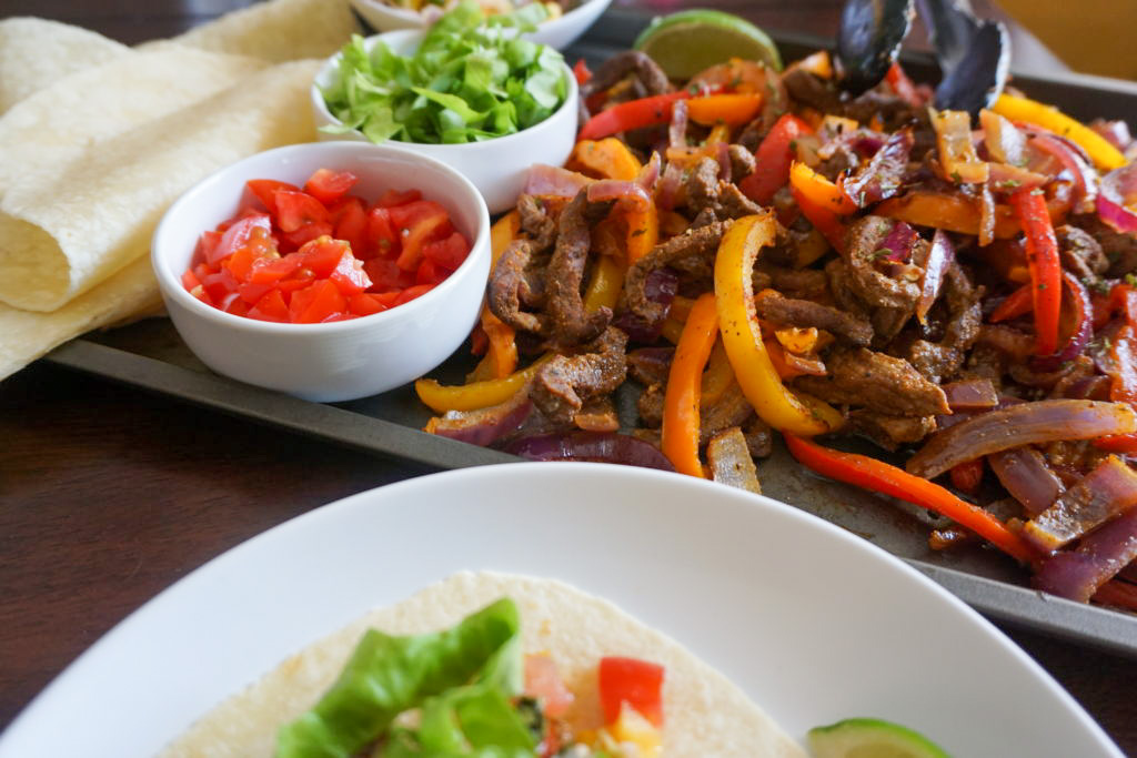 Close-up of sheet pan steak fajitas