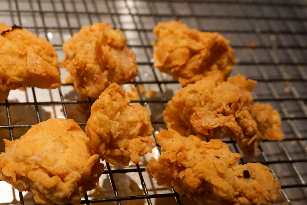 close-up of the cooked golden chicken nuggets