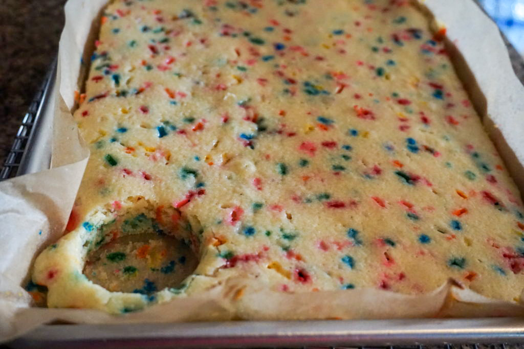 funfetti sheet cake with first cookie cutter 