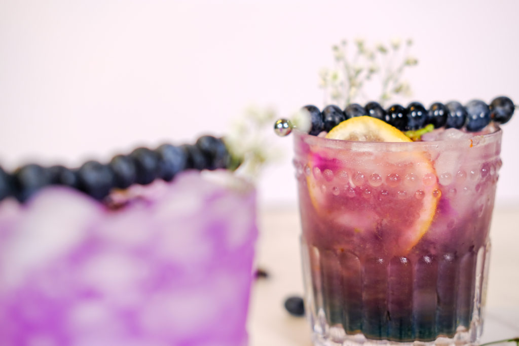 close-up of the cocktail with fresh blueberries and lemon slices 