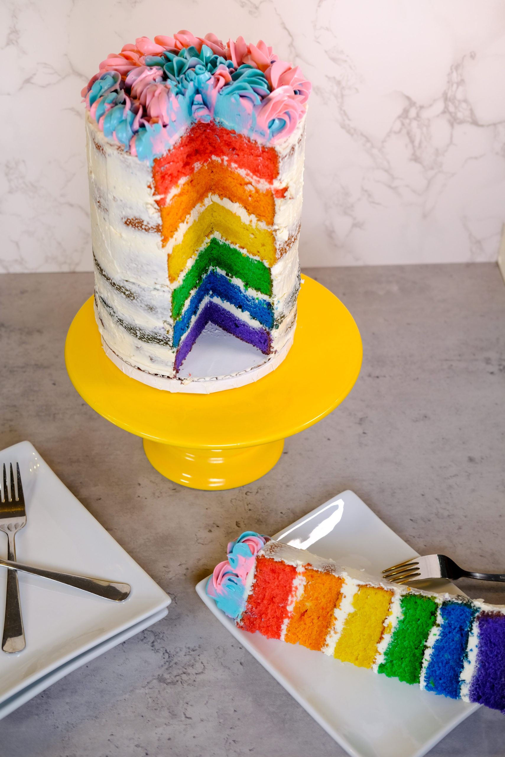 overview of the rainbow cake and sliced rainbow cake