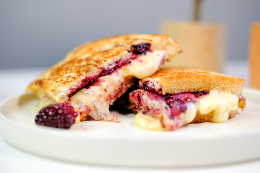 close-up of the bacon blueberry grilled cheese 