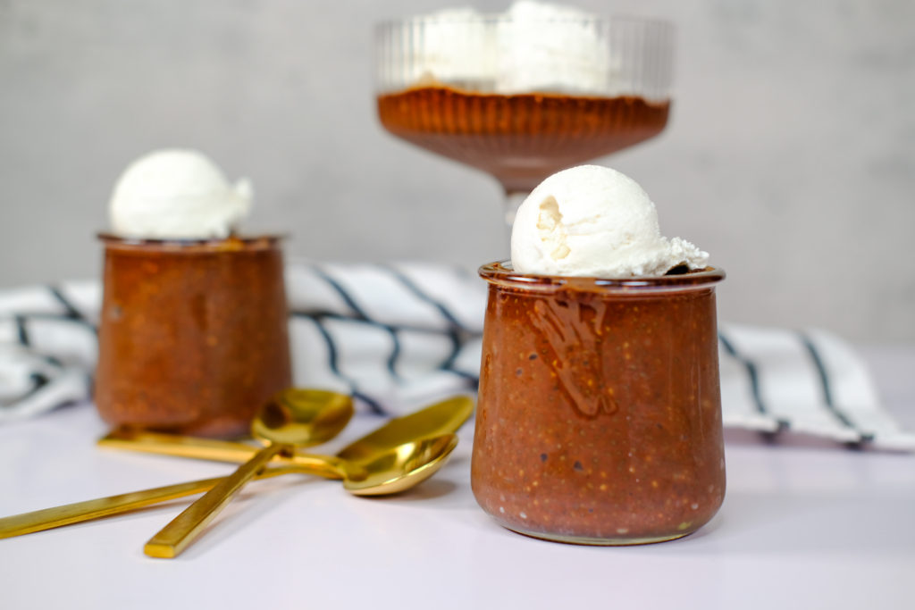 close-up of the chia seed pudding with coconut whip cream