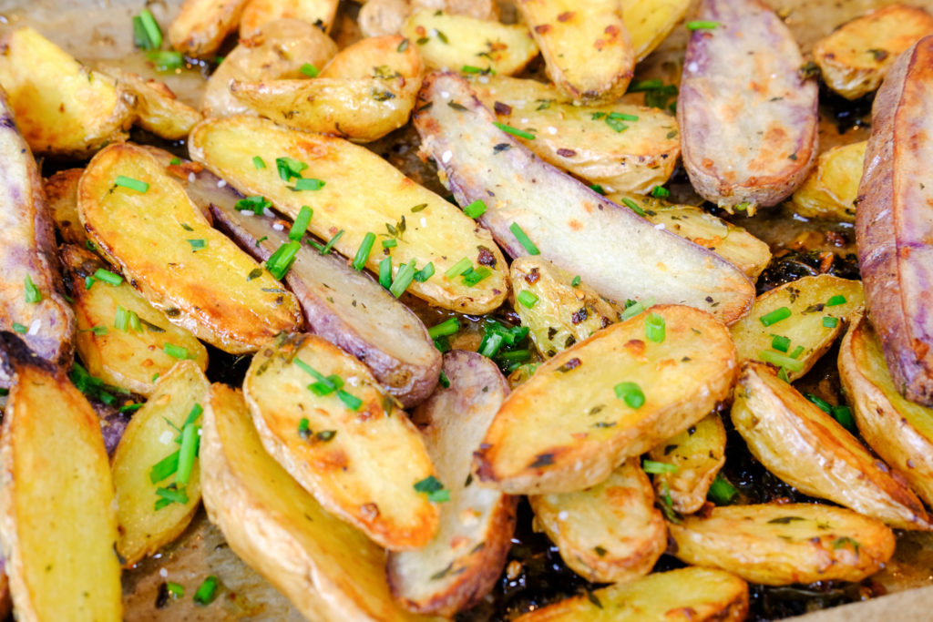 close-up of the roasted fingerling potatoes 